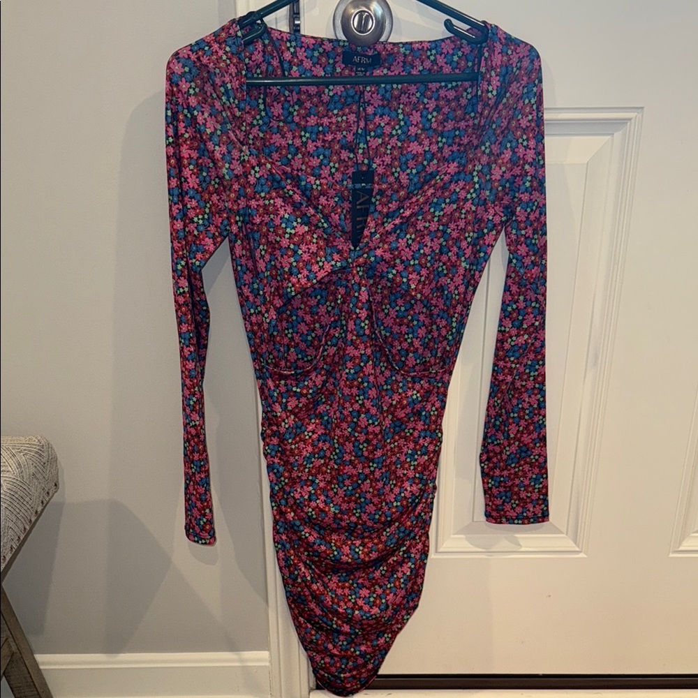 NWT:  AFRM Blue and Pink Ruched Bodycon Dress V-Neck Long Sleeve